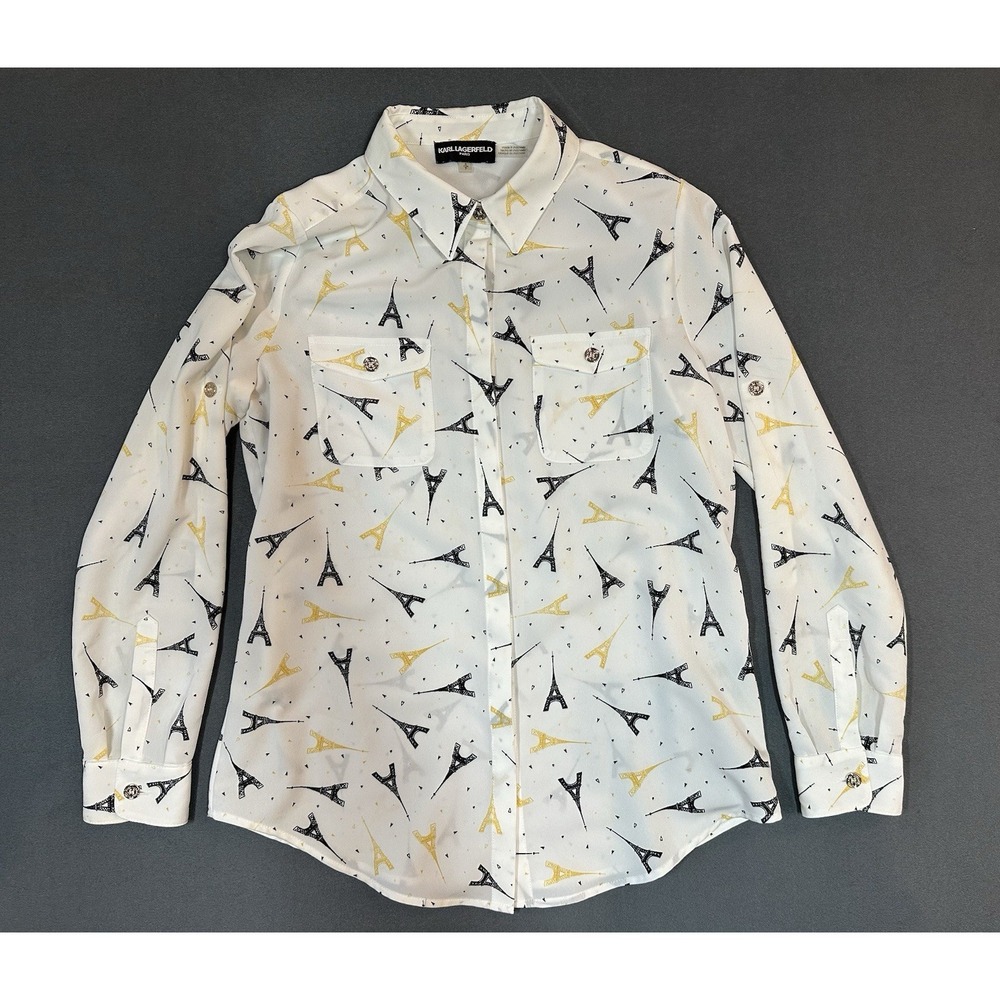 Karl Lagerfeld Womens White Shirt Blouse‎ Eiffel Tower Long Sleeve Size S